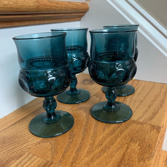 Vintage Indian Glass Kings Thumbprint Goblets Blue